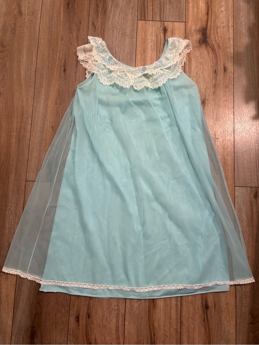 Vintage Baby Blue Nightgown Dress with Ruffle Lace Collar by Pandora Lingerie